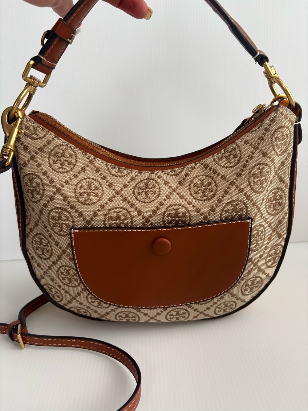Tory Burch Crescent Crossbody Bag tan brown Color Handbag small  EUC - Picture 8 of 17
